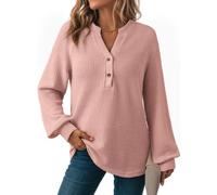 Dokotoo Womens Tops Long Sleeve Women Pullover Sweatshirt Waffle Knit Oversized Ladies Jumpers Solid Casual Tunic Top Dressy V-Neck Half Button Women's Blouses Shirts Apricot Pink 2XL