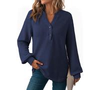 Dokotoo Womens Tops Long Sleeve Women Pullover Sweatshirt Waffle Knit Oversized Ladies Jumpers Solid Casual Tunic Top Dressy V-Neck Half Button Women's Blouses Shirts Navy Blue M
