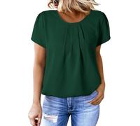 Dokotoo Womens Tops Summer Round Neck Short Sleeve Loose Fit Women Blouses Casual Shirts Curved Keyhole Back Pleated Chiffon Ladies Blouse Basic Women's T-Shirts Green XL