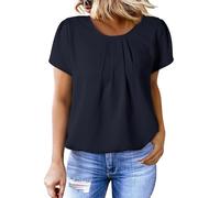 Dokotoo Womens Tops Summer Round Neck Short Sleeve Loose Fit Women Blouses Casual Shirts Curved Keyhole Back Pleated Chiffon Ladies Blouse Basic Women's T-Shirts Black XL