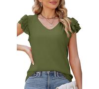 Dokotoo Womens Tops Summer Ruffle Short Sleeve V-Neck Top Women's T-Shirts Slim Fit Tee Solid Color Knit Fashion Ladies Blouses Women Tshirts Green M