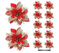 DOLACIA Christmas Artificial Flowers with Stems, 12 Pieces Xmas Glitter Poinsettia Flowers Wreath Ornaments for Christmas Tree, New Year, Wedding Party Garland Decoration(Red Gold)