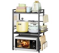 DOLALIKE Microwave Oven Rack, Expandable Microwave Stand Countertop Kitchen Utensils Tableware Storage, Carbon Steel Over Microwave Shelf Countertop with 6 Hooks