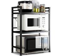 DOLALIKE Microwave Oven Rack, Expandable Microwave Stand Countertop Kitchen Utensils Tableware Storage, Carbon Steel Over Microwave Shelf Countertop with 3 Hooks