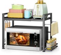 DOLALIKE Microwave Oven Rack, Expandable Microwave Stand Kitchen Countertop Organizer Utensils Storage, Carbon Steel Over Microwave Shelf with 3 Hooks (Black, 2 Tier- With Storage)