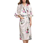 Dolamen Women's Dressing Kimono Gown, Silk Satin Peacock and Blossoms Robe Bathrobe Bridesmaid Nightwear Pyjamas, Long Style, UK 8,10,12,16,14,18 (X-Large, White)