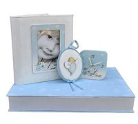 Dolce Arrivo: Stork Theme Gift Set with Album, Table Clock and Sopraculla Newborn (Light Blue)