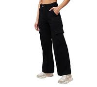 Dolce Crudo Women's Black Wide Leg High Rise Clean Look Regular Stretchable Denim Jeans, Black, 30, Black, 28