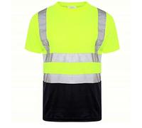 Dolce Fashions® Men's High Visibility Short Sleeve Crew Neck T-Shirts Hi Vis Reflective Tape Two Tone Security Work Breathable Lightweight Safety Double Tape Tops (Yellow-Navy, M)