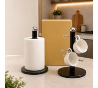 Dolce Vari 2 Piece Black Mug Tree & Kitchen Roll Holder Set, Powder Coated Metal Countertop Cup Stand and Paper Towel Holder with Silver Details, Freestanding Kitchen Organiser