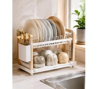 Dolce Vari 2 Tier Kitchen Dish Drying Rack, Metal Plate Holder & Drainer, Freestanding Dish Rack with Cutlery Organiser, Adjustable Folding Dish Storage Stand for Kitchen Countertop, White
