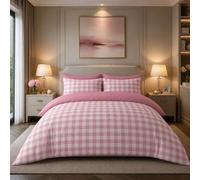 Dolce Vari Gingham Moor Check Microfibre Duvet Cover Set - Reversible Checked Quilt Cover with Matching Pillowcases - Soft, Lightweight Bedding Set - Easy-Care & Durable (BLUSH PINK, Double)