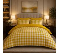 Dolce Vari Gingham Moor Check Microfibre Duvet Cover Set - Reversible Checked Quilt Cover with Matching Pillowcases - Soft, Lightweight Bedding Set - Easy-Care & Durable (OCHRE, King)