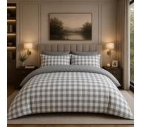 Dolce Vari Gingham Moor Check Microfibre Duvet Cover Set - Reversible Checked Quilt Cover with Matching Pillowcases - Soft, Lightweight Bedding Set - Easy-Care & Durable (GREY, Double)