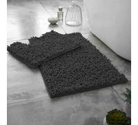 Dolce Vari Loops Microfibre Chenille 2 Piece Bath Mat & Toilet Pedestal Set Non Slip Bathroom Rug Set Extra Absorbent Soft Bath Mats, Quick Dry Toilet Mats (Charcoal)