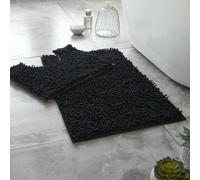 Dolce Vari Loops Microfibre Chenille 2 Piece Bath Mat & Toilet Pedestal Set Non Slip Bathroom Rug Set Extra Absorbent Soft Bath Mats, Quick Dry Toilet Mats (Black)