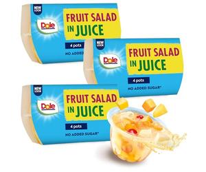 Dole Mixed Fruit In Juice With Cherry 3 x 4 Packs of Assorted Fruits, Healthy Snack, No Added Sugar Fruit Cocktail Bowls, Perfect for Breakfast & Dessert or Adding to Recipes