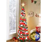 Dolicer 6FT Pop Up Artificial Christmas Tree with Lights & Remote, Collapsible Easy Christmas Tree with 200 Warm White & Colorful LED Lights, Foldable Xmas Tree for Small Space(Red Surround Ribbon)