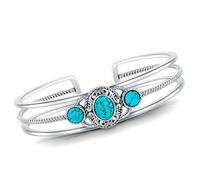 DOLIOX Genuine 3 Turquoise Stone Bracelet, Sterling Silver Boho Adjustable Bangle Cuff Native American Vintage Jewelry for Women, Fit for 6.5 7 7.5 Inches