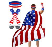 Dolkoic 4th of July American Flag Costume Cape for Adult Retro 80's USA Patriotic Flag Cloak Set Independence Day Celebration Halloween Party Dress Up, Red Blue White, Medium