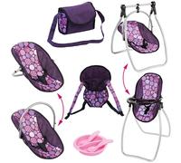 Doll Accessory Set Vario, Bag, Doll Carrier, Plastic Tableware, highchair, Rocket