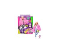 Doll and Accessories, Barbie Extra Fashion Doll with Crimped Hair and Fluffy Pink Coat, Pet Unicorn-Pig, GRN28