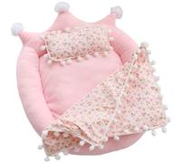 Doll Bed, Cute Crown Shape Toy Bed with Cherry Pattern Pillow and Blanket for 20cm Doll, Dollhouse Accessories