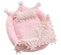 Doll Bed, Cute Crown Shape Toy Bed with Cherry Pattern Pillow and Blanket for 20cm Doll, Dollhouse Accessories