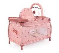 Doll's bed with integrated high chair, dining tray, mobile