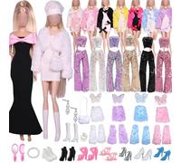 Doll Clothes, 20 Clothes and Accessories, Compatible with Barbie, 2 Plush Sets, Fishtail Dress, Sequins, Outfit, Butterfly Skirt Set, 8 Shoes and Jewellery Accessories in Random