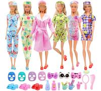 Doll Clothes and Accessories, 5 Pajamas Bathrobe 7 Mask 3 Slippers 13 Bathroom Accessories, Sleeping Clothes and Accessories Set Compatible with Barbie Doll 11.5 inch Girl Doll Gifts