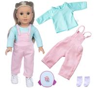 Doll Clothes and Accessories for 14-18 inch 35-43 cm Dolls, 4 Pcs Baby Doll Clothes Set Include Long Sleeves Pink Overalls Socks and Mermaid Backpack Birthday for Girls (No Doll)