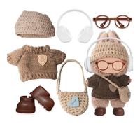 Doll Clothes Compatible with 17cm Doll Labubu, 6-Piece Small Brown Plush Doll Knitted Outfit Include Headset Hat Glasses Sweater Bag Shoes, Fashion Handcrafted Crochet Clothes Set Dolls Accessories