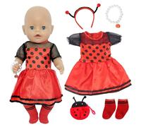 Doll Clothes Dress for 12-16 Inch Baby Dolls, 5 Pcs Ladybird Dolls Clothes and Accessories with Tulle Dress, Antenna Headband, Pearl Bracelet, Wallet, Socks, 30-40cm Doll Outfit Girls Birthday Gift