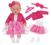 Doll Clothes for 14-17 Inch Doll, Baby Doll Accessories for 35-43cm Dolls, 5 Pcs Sweet Dolls Clothes with Fuchsia Coat Bow Gauze Skirt Butterfly Bow Headband Socks Hanger, Doll Clothes Set for Girls