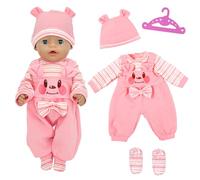 Doll Clothes for 16-18 Inch Dolls, New Born Baby Doll 40-45cm Doll Outfits Clothes, 1 Ear Hat 1 Pink Bear Jumpsuit 1 Hanger 1 Pair Striped Doll Socks, Sweet Doll Clothing Set for Kids Gift