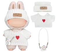 Doll Clothes for Labubu - 3-Piece White Knit Outfit with Hat & Mini Camera, Handmade Doll Accessories for 17 cm /6.7” Plush Dolls, Gift-Ready Box Packaging, Cute Clothes Set for Collectors (No Dolls)