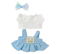 Doll Clothes Set for 17cm Dolls, Cute Handcrafted Knitted Skirt Clothing Outfit with Bunny Patch, Dainty Bow with Beads, Gifts for Dolls Collector, Girls, Boys, 5.9/6.7inches Doll Accessories (Blue)