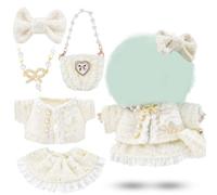 Doll Clothes Set for 17cm Dolls White Push Toy Outfit Accessories with Top, Skirt, Bow Hair Clip, Pearl Necklace, Knitted Handbag Plush Toy Decorations for Gift 17cm Doll Clothes No Doll