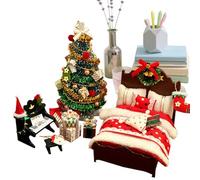 Doll House Christmas Decorations - Furniture Miniatures and Tree Models Sets for Holiday Exhibitions, Piano Accessories and Christmas Bed Room Homemade for
