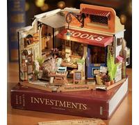 Doll House Corner Bookstore with LED Light Miniature Wooden Model with FurniturE