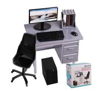 Doll House Furniture | Desk Chair with Computer | Photo Props Tiny House Furniture for Kids Family Birthday Holiday Party Classroom Home Rainy Days
