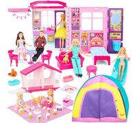 Doll House Gift Set for Dolls and Barbie with 60+ Pieces & 2 x 5.5inch Dolls: Playhouse Toy with Bedroom, Living Room, Kitchen, Pet House, and Camping Playset