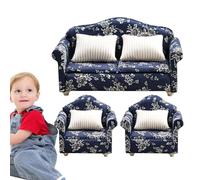 Doll House Sofa - Navy Patterned Textile Timber Frame Mini Scale Seating Ornament, Classic Parlor Seating Piece, Refined Soft Cushion Arrangement, Collector Grade Tiny Home Furnishing Presentation | f