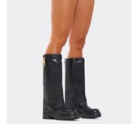 Doll Lock Layered Detail Chunky Sole Knee High Biker Boot In Black Faux Leather, Women's Size UK 8
