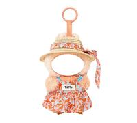 Doll Outfit Clothes Set for Labubu, Premium 3 Piece Hawaiian Style Straw Hat Overalls Dress w/ Ribbon for 17cm Dolls (Orange)