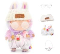 Doll Outfits for 17cm Plush Pendant Blind Box Figures,Hat and Overalls Set for Blind Box Doll,come with Glasses,Blind Box Figures Clothes Decoration Accessories (White)