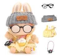 Doll Outfits for 17cm Plush Pendant Blind Box Figures,Hat and Overalls Set for Blind Box Doll,come with Glasses,Blind Box Figures Clothes Decoration Accessories (Yellow)