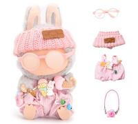 Doll Outfits for 17cm Plush Pendant Blind Box Figures,Hat and Overalls Set for Blind Box Doll,come with Glasses,Blind Box Figures Clothes Decoration Accessories (Pink)