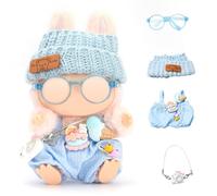 Doll Outfits for 17cm Plush Pendant Blind Box Figures,Hat and Overalls Set for Blind Box Doll,come with Glasses,Blind Box Figures Clothes Decoration Accessories (Blue)